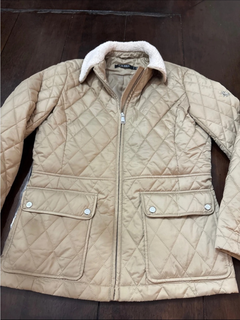 Ralph Lauren Diamond Quilted Beige Jacket with Faux Sherpa Collar petite small - Picture 8 of 8